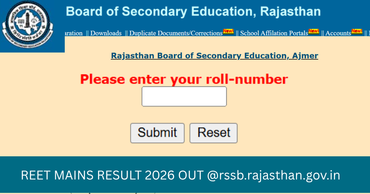 REET Mains 3rd Grade Teacher Result 2026 Out